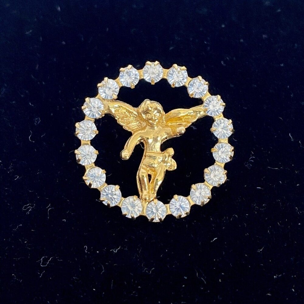 Angel Cherub Clear Rhinestones Circle Gold Tone Lapel Hat Lanyard Pin Brooch 1”